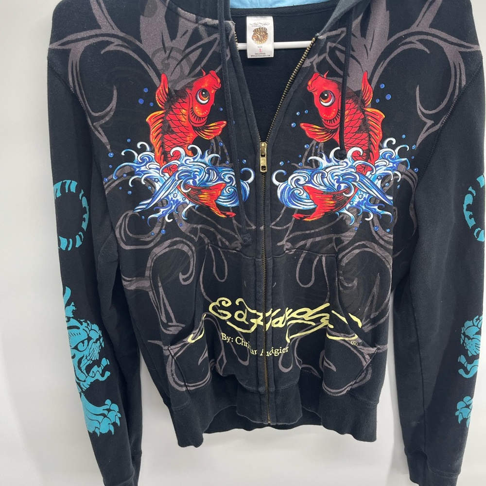 Ed‎ Hardy Black Zip-Up with Red and Blue Fish Design